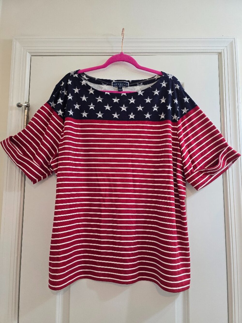 Karen Scott - Stars & Stripes Cuff Sleeve Top - Fourth of July Patriotic - NWT